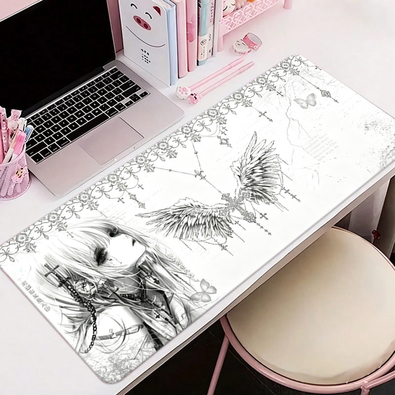 Gaming Keyboard And Mouse - Leather Mousepad Black White Anime Aesthetics